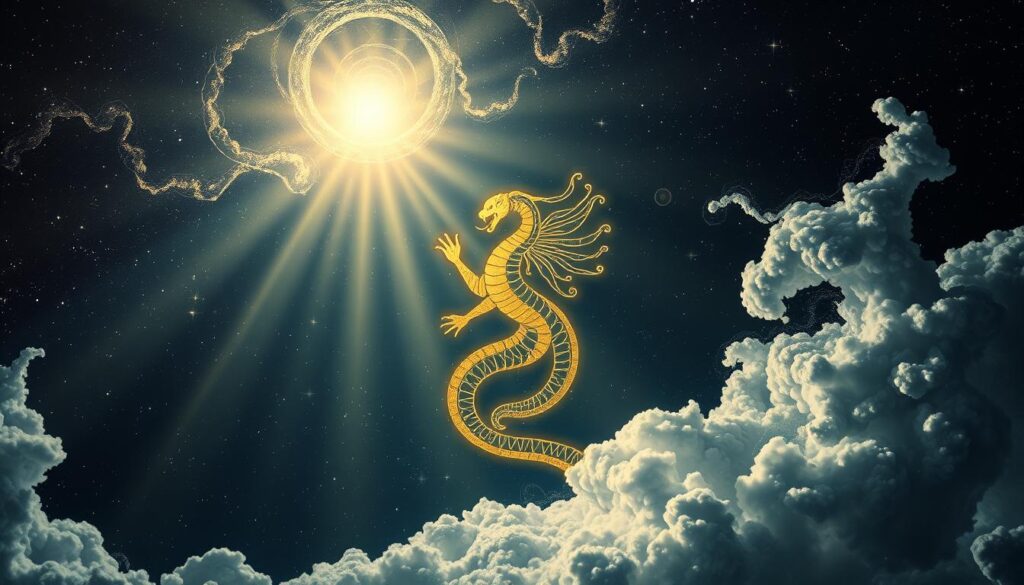 A cosmic controversy unfolds against a deep, starry sky. Ophiuchus, the serpent-bearer, stands as a silent witness, its celestial form etched in shimmering light. Swirling clouds of celestial energy converge, hinting at the debate surrounding the thirteenth zodiac sign. Beams of radiant light pierce the darkness, casting an ethereal glow that illuminates the enigmatic figure. Intricate astrological symbols and celestial motifs dance around the central figure, symbolizing the intricacies and complexities of the zodiac system. The overall composition exudes a sense of mystery and wonder, inviting the viewer to delve deeper into the Ophiuchus controversy and the enduring myths of the zodiac.