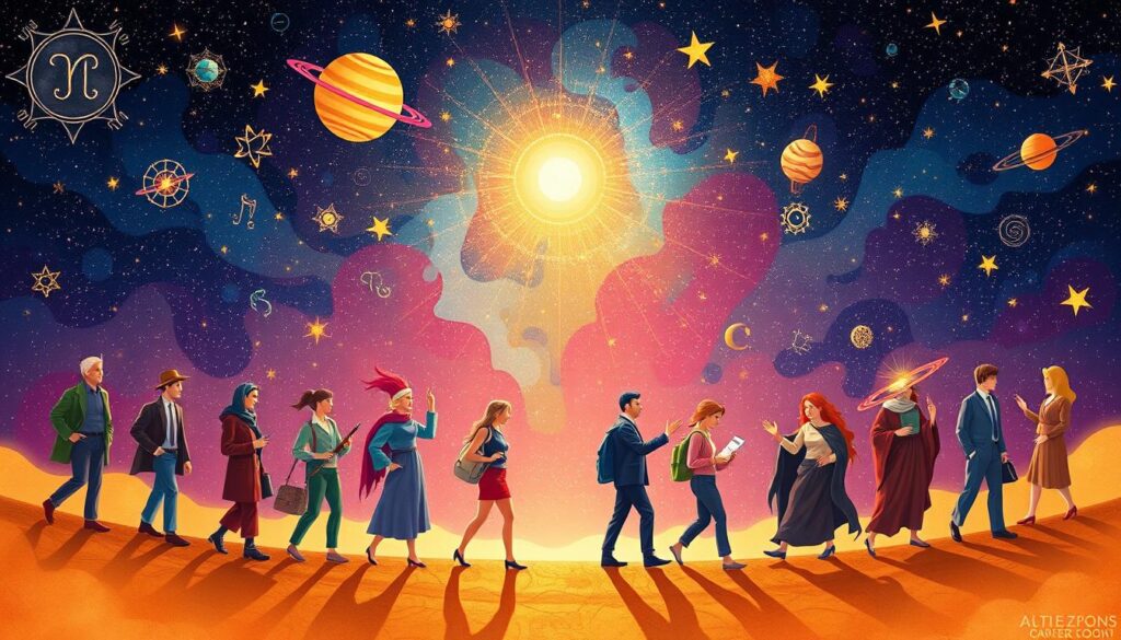 A detailed illustration of the zodiac signs and their corresponding career paths, depicted in a vibrant, dynamic composition. The foreground showcases 12 distinct figures, each representing a zodiac sign, engaged in various occupations that align with their astrological archetypes. The middle ground features a starry sky backdrop, with celestial motifs and planetary symbols subtly woven throughout. The lighting is warm and inviting, creating a sense of purpose and guidance. The overall atmosphere is one of discovery, inspiration, and a deeper understanding of how the zodiac can shape one's professional journey.