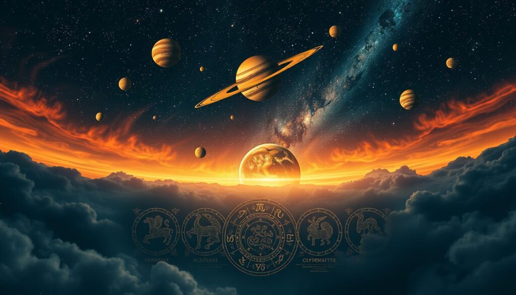 A mesmerizing astrological composition showcasing the celestial ruling planets of the zodiac signs. In the foreground, a constellation of planets, moons, and celestial bodies orbit gracefully, each representing the distinct energies of the zodiac. The middle ground features detailed illustrations of the 12 zodiac symbols, rendered in a rich, textured style. The background depicts a vast, starry night sky, with wisps of cosmic clouds and distant galaxies, creating a sense of boundless wonder and mysticism. Warm, diffused lighting casts a ethereal glow, while a slightly cinematic camera angle adds depth and drama to the scene. The overall mood is one of deep introspection, inviting the viewer to ponder the cosmic influences that shape our lives.