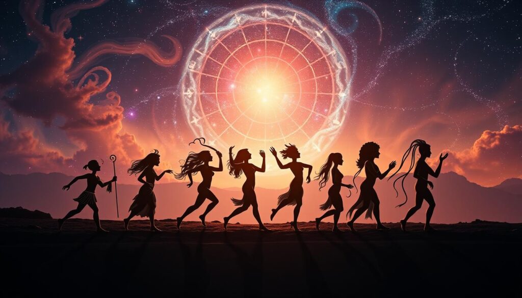 A mesmerizing evolution of zodiac symbols, portrayed in stunning detail. In the foreground, the iconic signs dance gracefully, their ancient motifs blending seamlessly. The middle ground presents a cosmic backdrop, with swirling nebulae and twinkling stars that lend an otherworldly atmosphere. In the distance, a halo of astrological glyphs emerges, capturing the timeless nature of these celestial archetypes. Soft, warm lighting illuminates the scene, creating a sense of mysticism and wonder. The composition is balanced and captivating, inviting the viewer to delve deeper into the hidden meanings of these timeless symbols.