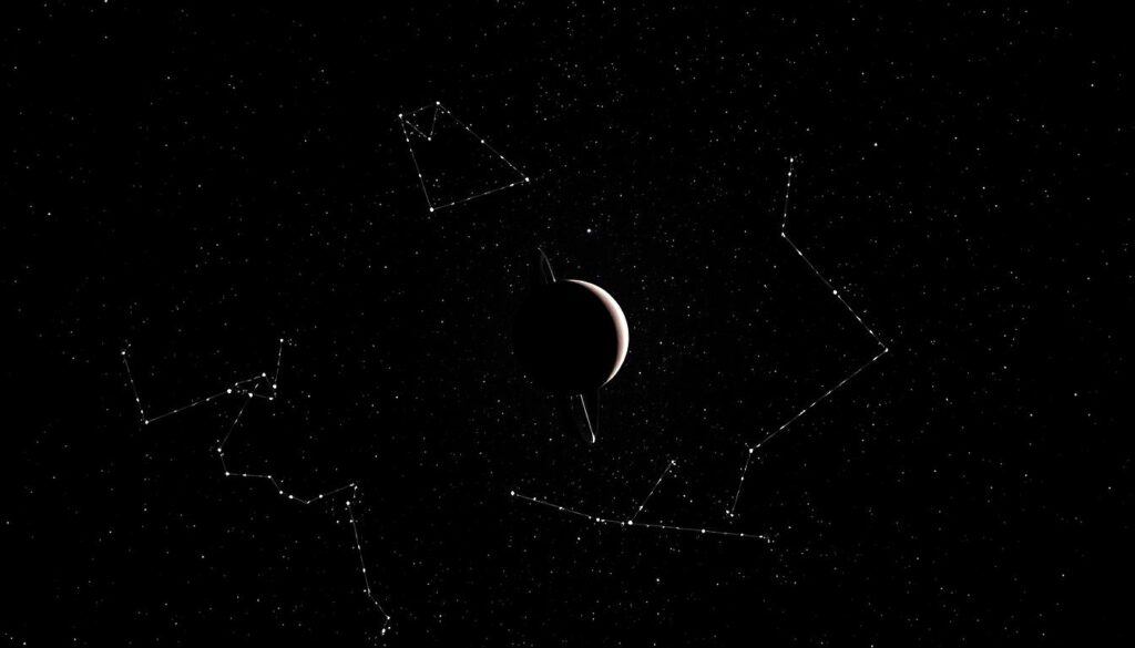A starry night sky contrasted with the celestial symbols of astrology, showcasing the dichotomy between the scientific study of astronomy and the mystical interpretations of astrology. In the foreground, a constellation of stars forms the recognizable shape of a zodiac sign, while in the middle ground, a planet or celestial body orbits, casting a mysterious glow. The background is a deep, inky blackness dotted with twinkling stars, hinting at the vast, unknowable expanse of the universe. The lighting is dramatic, with shafts of light and shadow playing across the scene, creating a sense of tension and intrigue. The camera angle is slightly tilted, giving the image a sense of dynamism and movement, as if the viewer is peering into a secret world. The overall mood is one of wonder and contemplation, inviting the viewer to ponder the relationship between the scientific and the esoteric.