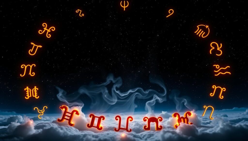 A stunning celestial arrangement showcasing the 12 zodiac signs, each represented by its iconic symbol. The foreground features a dramatic, starry night sky with the signs tastefully arranged in a circular formation, their intricate designs illuminated by a warm, ambient glow. In the middle ground, wisps of ethereal, galaxy-like clouds swirl and dance, adding depth and a sense of mysticism. The background is a deep, inky blackness, punctuated by the shimmering of distant stars, creating a captivating, otherworldly atmosphere. The lighting is dramatic, with strategic highlights accentuating the detailed, symbolic depictions of the zodiac signs. The overall composition is visually striking, inspiring curiosity and a desire to learn more about the ancient art of astrology.
