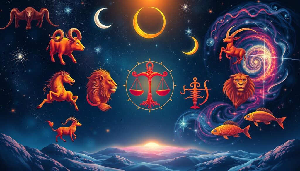 A vibrant and captivating illustration of the twelve zodiac astrology signs, showcased in a harmonious celestial arrangement. In the foreground, the symbols of the zodiac - the Ram, Bull, Twins, Crab, Lion, Virgin, Scales, Scorpion, Archer, Goat, Water-bearer, and Fishes - are depicted with intricate detail, their distinctive shapes and colors intertwining to create a mesmerizing visual tapestry. The middle ground features a starry night sky, with crescent moons and twinkling stars casting a soft, ethereal glow. In the background, a swirling cosmic landscape sets the stage, with nebulae, galaxies, and celestial phenomena adding depth and complexity to the scene. Lighting is cinematic and dramatic, highlighting the mystical and astrological elements. The overall composition is balanced, dynamic, and invites the viewer to explore the captivating world of zodiac astrology.
