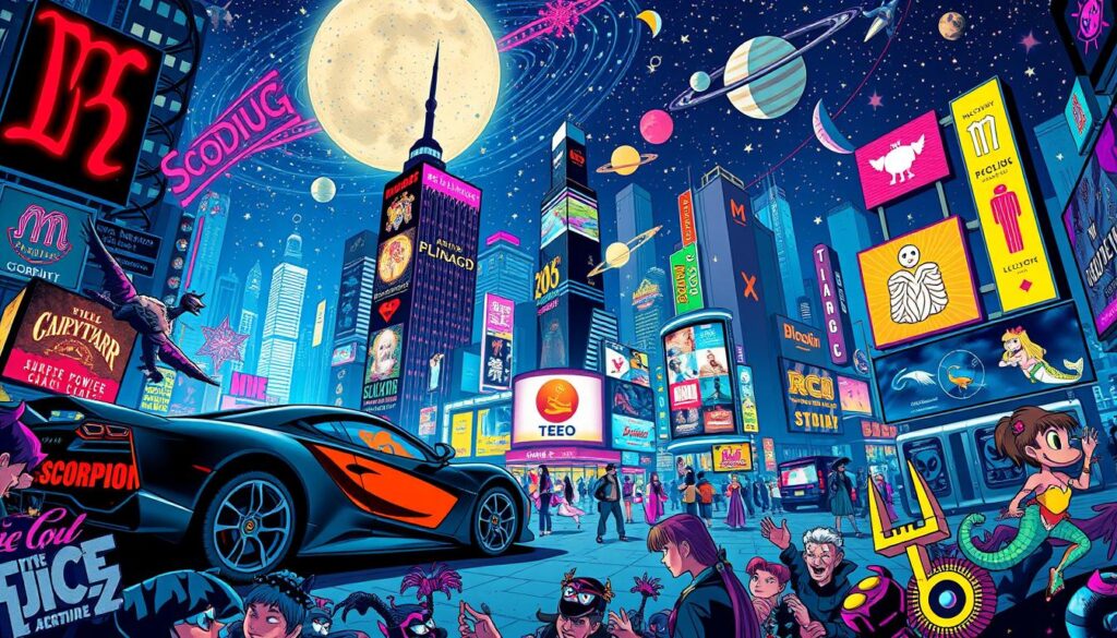 A vibrant, visually captivating illustration of the zodiac's pervasive influence on pop culture. In the foreground, a kaleidoscopic array of iconic zodiac-inspired characters, from the sleek, stylized Batmobile representing Scorpio to the whimsical, cartoon-like Pisces mermaid. In the middle ground, a pulsing, neon-lit cityscape, its skyscrapers adorned with zodiac-themed logos, billboards, and advertisements. In the background, a cosmic tapestry of stars, planets, and celestial motifs, creating a sense of mysticism and wonder. Dramatic lighting casts dramatic shadows, while a dynamic camera angle and wide-angle lens capture the scene's energy and scale. The overall mood is one of vibrant, unapologetic pop art, celebrating the zodiac's enduring influence on contemporary culture.