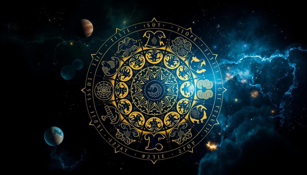 A visually captivating depiction of the zodiac's diverse cultural representations. A central mandala-like arrangement showcases astrological symbols from around the world, each masterfully rendered in their distinct artistic styles - traditional Chinese ink paintings, Aztec stone carvings, Celtic knot work, and more. The background contains ethereal celestial elements, with glowing planetary bodies, nebulae, and swirling cosmic energy. Dramatic chiaroscuro lighting casts deep shadows, imbuing the scene with a sense of mysticism and the otherworldly. The overall composition is balanced, harmonious, and invites the viewer to explore the rich tapestry of zodiac symbolism across human cultures.
