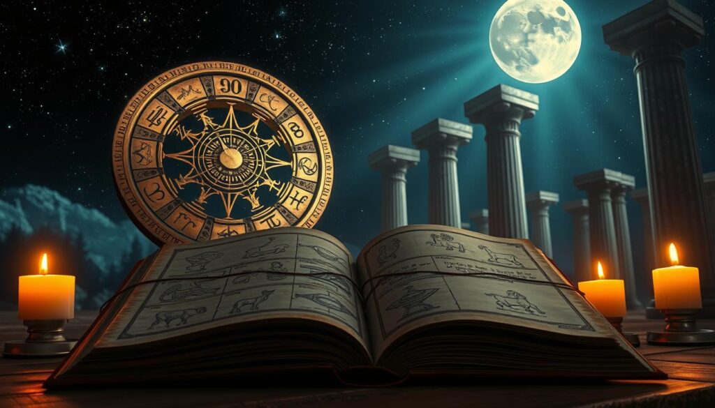 An ancient zodiac wheel, its celestial symbols etched in gilded detail, floating amidst a starry night sky. In the foreground, a weathered tome lies open, revealing parchment pages adorned with astrological diagrams and sketches of the 12 zodiac figures. Shafts of moonlight illuminate the scene, casting an ethereal, mystical glow. The middle ground features a backdrop of towering stone pillars and marble columns, hinting at the long, storied history of this timeless celestial system. Warm candlelight flickers, creating an atmosphere of timeless wisdom and wonder. The image conveys a sense of reverence and fascination for the origins and enduring significance of the zodiac.