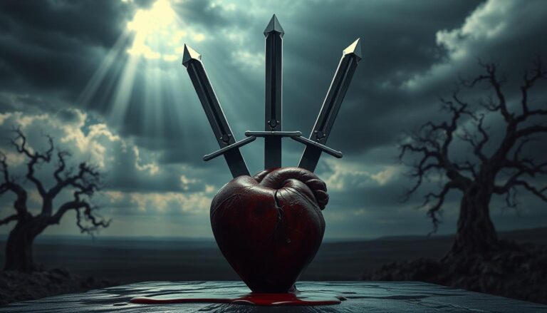 Three of Swords tarot card reversed, symbolizing healing from heartbreak