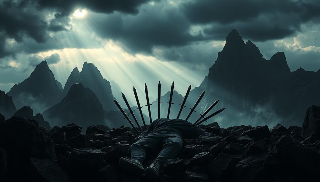 Upright Ten of Swords rock bottom