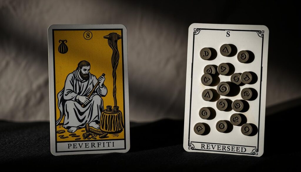 upright eight pentacles vs reversed