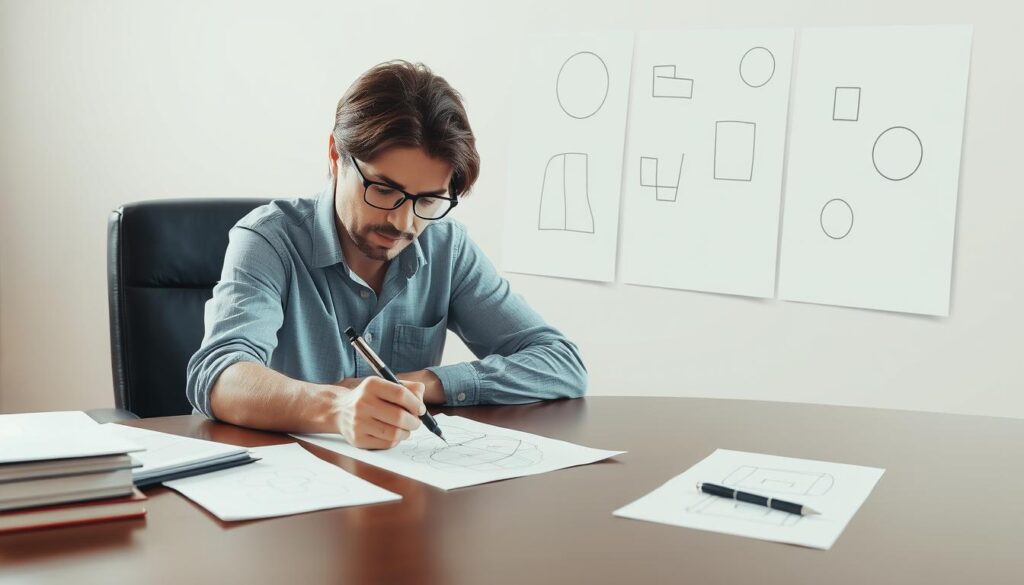 Person practicing remote viewing with notebook showing sketches and notes