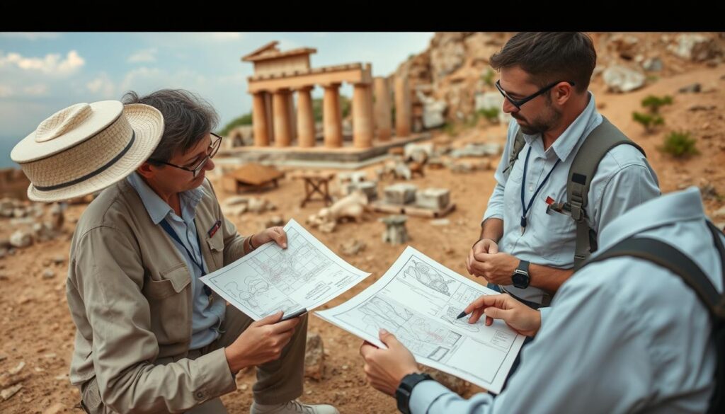 Remote viewing being used in an archaeological application with maps and findings