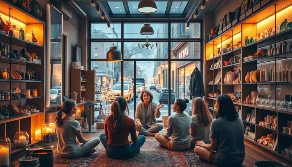 people learning in a metaphysical shop