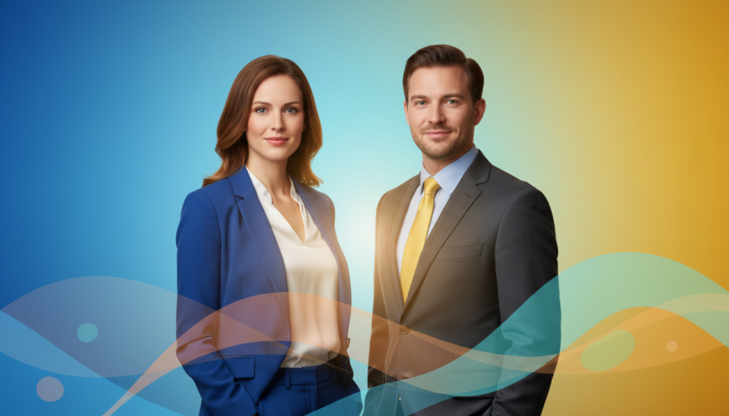 A beautiful Caucasian woman and man in professional business attire, standing side by side against a vibrant gradient background that shifts from calming blues to energizing yellows, symbolizing different moods through color psychology. The foreground features a subtle overlay of abstract shapes representing emotions, blending harmoniously with the figures. The middle ground showcases soft, diffused lighting that highlights their expressions, evoking a sense of positivity and professionalism. The background gradually transitions, using deeper shades to illustrate the balance between serenity and vibrancy. The scene is captured with a slightly low-angle view to emphasize the subjects, creating an uplifting and engaging atmosphere that invites viewers to connect with the emotional essence of color in profile representation.