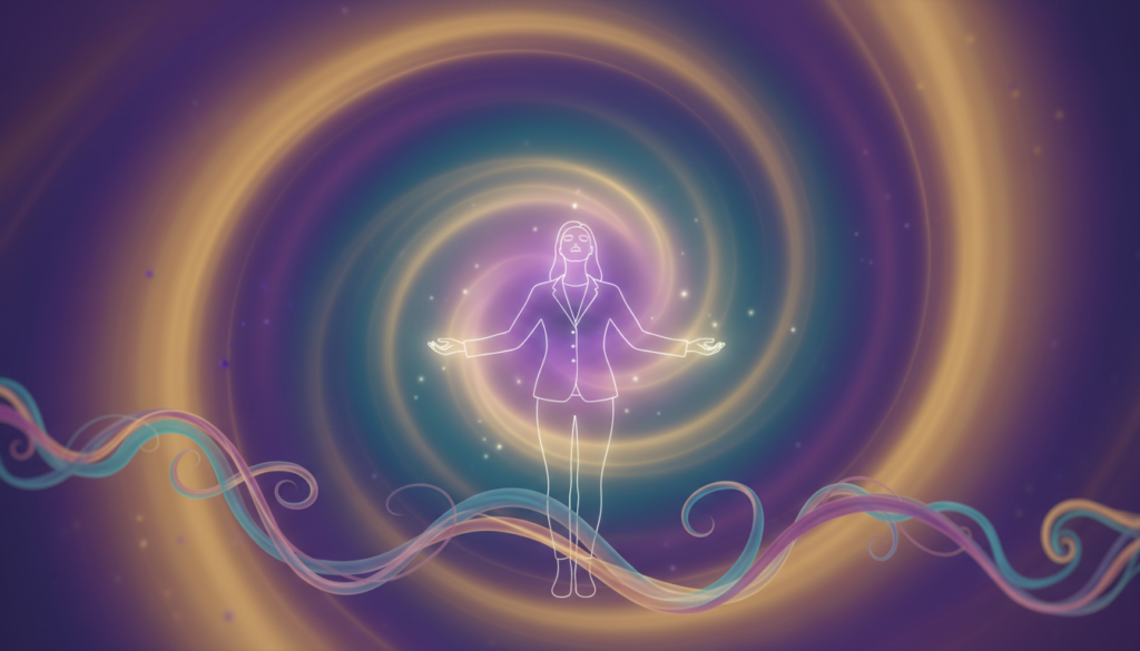 A captivating aura gradient that blends rich colors into a harmonious swirl, evoking a sense of ethereal beauty and energy. Foreground features soft wisps of luminous light, gently intertwining, creating a dynamic flow of colors like violet, teal, and gold. In the middle ground, a subtle, abstract representation of a beautiful Caucasian figure in professional attire stands gracefully, absorbing the radiant energy. The background fades into a smoother gradient, emphasizing depth and tranquility. Illuminate the scene with soft, ambient lighting to create an inviting atmosphere. Use a slightly blurred lens effect to enhance the dreamlike quality, capturing the essence of customization in visuals with balanced color and light energy.