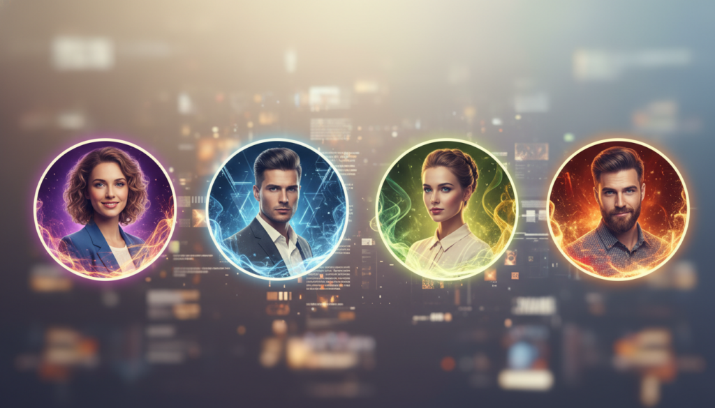 A captivating digital scene featuring diverse profile pictures, showcasing various styles that embody the Aura PFP trend. In the foreground, a vibrant set of glowing circular avatars representing beautiful Caucasian figures in professional attire, exuding confidence and creativity. Each avatar features unique artistic elements like colorful backgrounds, subtle light effects, and a variety of hairstyles and expressions that convey personality. The middle ground features a blurred array of abstract shapes and colors that suggest a dynamic online environment, enhancing the sense of modernity and digital presence. The background consists of soft light gradients, creating an ethereal atmosphere. The overall mood is inspiring and engaging, with warm lighting highlighting the avatars, set at an eye-level angle for an immersive perspective.