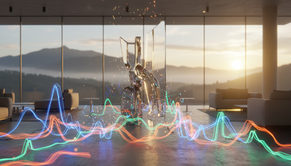 A captivating scene of energy art that transforms a modern interior space. In the foreground, elegantly shaped light patterns in vibrant colors—electric blues, fiery oranges, and dynamic greens—flow and swirl, creating a sense of movement and vitality. The middle layer features an abstract sculpture made of translucent materials that refract light, casting colorful reflections around the room. In the background, large windows overlook a serene landscape, allowing natural sunlight to filter in and enhance the ambiance. The lighting is warm and inviting, creating a harmonious atmosphere conducive to creativity and inspiration. A soft focus lens effect adds a dreamlike quality, evoking a feeling of tranquility and energetic rejuvenation in the viewer.