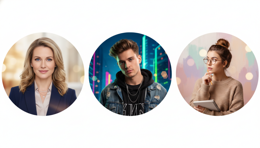 A collection of stylish profile pictures featuring beautiful Caucasian individuals, each displaying different popular aesthetic styles. In the foreground, showcase a close-up of a professional woman in business attire with soft, natural lighting highlighting her features. In the middle, include a young man in a casual yet fashionable outfit, demonstrating a modern streetwear aesthetic. The background should be softly blurred, with abstract patterns and colors that reflect contemporary design trends, enhancing the visual appeal without overpowering the subjects. Use a slight bokeh effect to create an inviting atmosphere, focusing on the engaging expressions of the models as they exude confidence and creativity. The overall mood is fresh, inspiring, and perfect for social media and personal branding.