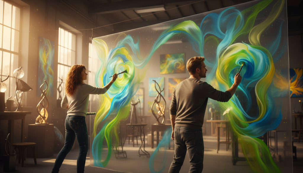 A dynamic representation of the energy art movement, featuring beautiful Caucasian figures engaged in vibrant creative expression. In the foreground, two artists in professional casual attire are actively painting, their brushes swirling with energetic colors: bright greens, blues, and yellows. The middle ground showcases a large canvas filled with abstract forms and flowing patterns that seem to ripple with movement. In the background, a softly-lit studio space, adorned with various art pieces, creates an inviting atmosphere. The lighting is warm and golden, casting gentle shadows that enhance the organic shapes of the art. The overall mood is uplifting and inspiring, embodying the evolution and vibrancy of energy art, encouraging viewers to feel the vitality and creativity within the space.
