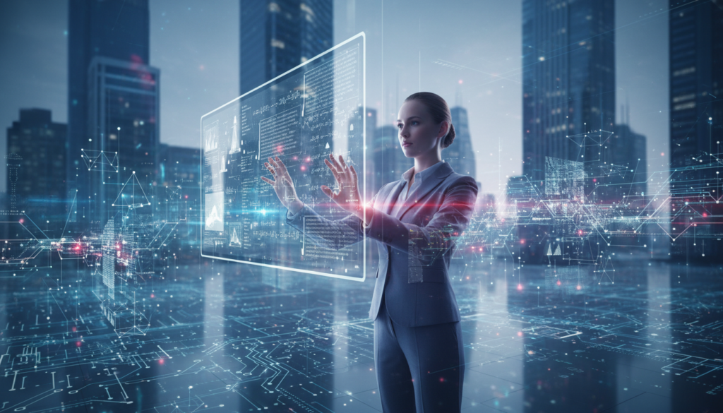 A futuristic digital environment representing "algorithmic presence" in a tech-inspired setting. In the foreground, a beautiful Caucasian figure in professional attire, illuminated by soft blue and purple lights, interacts with a holographic interface displaying complex algorithms. The middle ground features abstract data visualizations and flowing lines of light, symbolizing the interconnectedness of information. In the background, a modern, sleek cityscape blends with a digital landscape, hinting at the future of liveness and technology. The scene is bathed in ambient, ethereal lighting that creates a visionary atmosphere, evoking a sense of innovation and possibility. The composition is shot from a slightly low angle to emphasize the figure's engagement with the algorithmic elements around her.