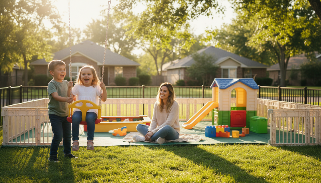 A heartwarming scene depicting a caring family environment, focusing on safety and protection for kids. In the foreground, cheerful Caucasian children play safely together, demonstrating trust and joy, while a protective parent watches over them, exuding warmth and assurance. In the middle ground, a cozy backyard setting features soft grass, colorful toys, and a secure play area, highlighting a nurturing atmosphere. The background fades into a serene neighborhood with gentle trees, suggesting a peaceful community. The lighting is warm and inviting, with golden sunlight filtering through the leaves, casting soft shadows and creating a sense of tranquility. The overall mood is uplifting and protective, reflecting the bond of family and the importance of a safe environment for children to grow and thrive.