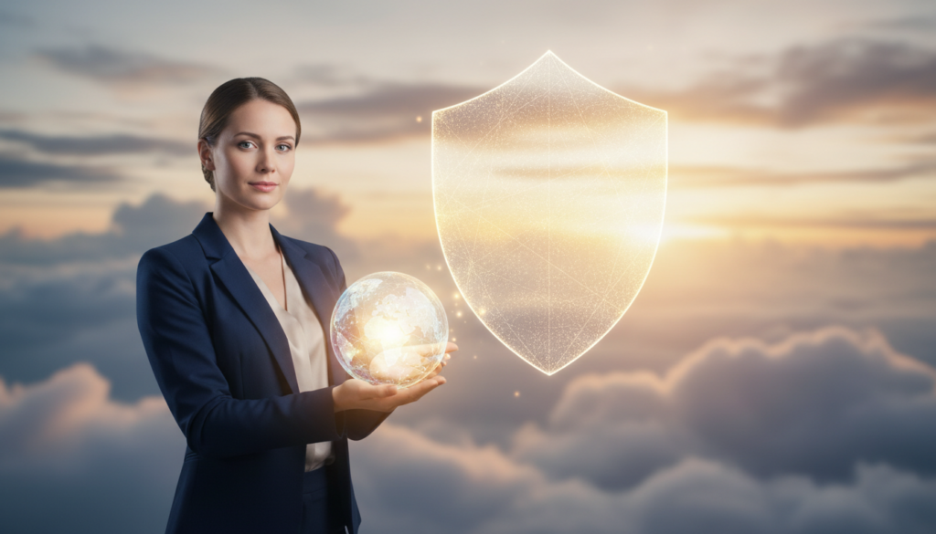 A serene and ethereal depiction of identity protection, featuring a beautiful Caucasian woman in professional business attire, standing confidently in the foreground. She is gracefully holding a radiant orb of light that symbolizes her spiritual essence, glowing softly with vibrant colors. In the middle ground, a translucent shield emerges, symbolizing security and safety, casting a gentle luminescence. The background features a dreamy, ethereal landscape with soft clouds and a warm sunset sky, creating a tranquil atmosphere. The lighting is warm and inviting, enhancing the sense of protection and empowerment. The composition is captured with a soft-focus lens, drawing attention to the figure and orb while allowing the background to blur softly, evoking a sense of peace and trust in the powerful aura of identity protection.