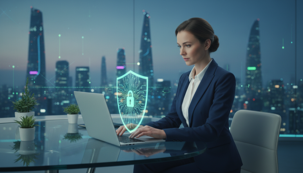 A serene and secure digital landscape represents VPN protection, featuring a beautiful Caucasian businesswoman dressed in professional attire, sitting at a modern workstation surrounded by advanced technology. In the foreground, she is intently working on a laptop, with elements like a padlock and circuit patterns glowing softly on the screen, symbolizing security. The middle layer showcases a subtle holographic display of a shield icon encasing the laptop, indicating protection. In the background, a tranquil, futuristic city skyline under a twilight sky, illuminated by distant glowing lights, enhances the sense of safety and serenity. The overall mood is calm, focused, and empowering, with soft blue and green lighting to evoke a sense of digital harmony and protection.