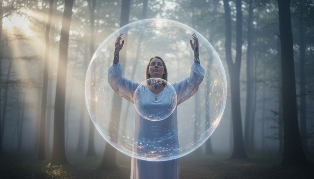 A serene, ethereal scene illustrating "identity protection" in a spiritual context. In the foreground, a beautiful Caucasian woman in modest, flowing white clothing stands with her arms gracefully raised, surrounded by a shimmering, translucent aura that radiates vibrant colors like blue and purple, symbolizing energy and protection. In the middle, gentle wisps of light swirl around her, creating an ethereal bubble that reflects harmony and safety. The background features a tranquil, misty forest at dawn, with soft golden light filtering through the trees, creating a dreamlike atmosphere. The image is captured with a soft-focus lens effect, emphasizing the woman’s peaceful expression while evoking a sense of spiritual awakening. The entire composition conveys a mood of empowerment and enlightenment, inviting viewers to feel the protective energy of the aura.