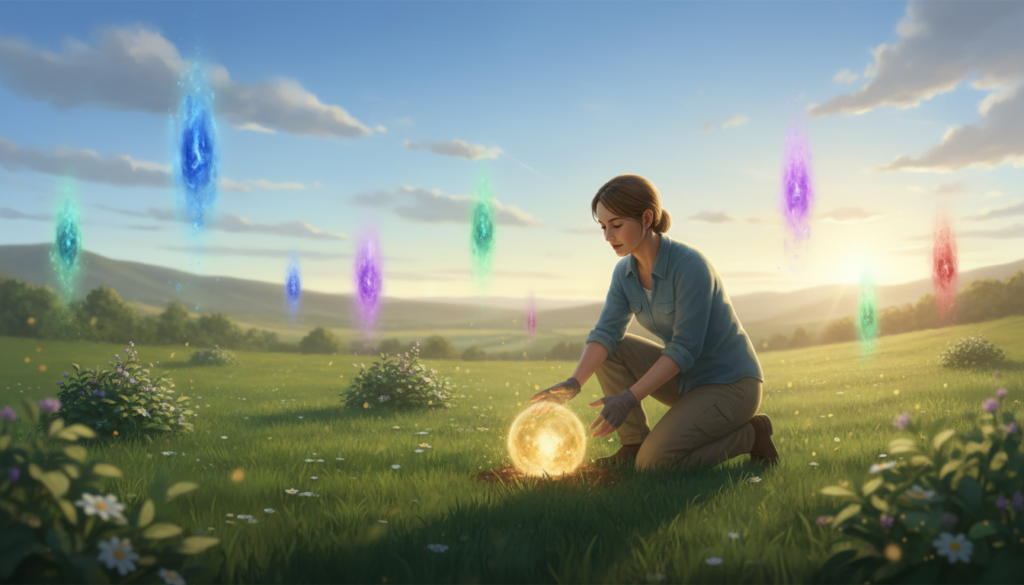 A serene landscape depicting the concept of aura farming, featuring a lush, green field surrounded by gentle hills. In the foreground, a professional Caucasian woman, dressed in modest casual clothes, is kneeling by a small glowing aura emanating from the ground, her face illuminated by the warm light. In the middle ground, several vibrant, translucent auras in various colors rise gently from the plants, creating a mystical atmosphere. The background features a clear blue sky with soft, fluffy clouds and a distant sun setting, casting golden rays that enhance the glow of the auras. The scene conveys a sense of tranquility and wonder, inviting viewers to explore the magic of aura farming. Soft, natural lighting is used to create an enchanting ambiance, focusing on the interplay of colors and light.