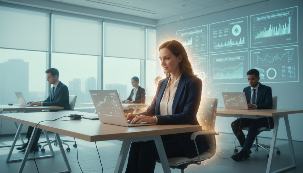A serene, modern office space serving as the foreground, featuring focused professionals analyzing data on sleek laptops. A beautiful Caucasian woman in professional business attire studies graphs and charts, with a soft, glowing aura surrounding her, symbolizing awareness and empowerment. In the middle layer, soft blue and green light filtering through large windows creates a calm atmosphere, enhancing the mood of proactive evaluation and monitoring. The background displays a wall of digital screens with fluctuating credit scores and identity monitoring alerts, symbolizing vigilance. The lighting is bright yet soft, creating an inviting space. The angle captures both the individual and the technological elements harmoniously, evoking a sense of security and clarity in the realm of financial responsibility.