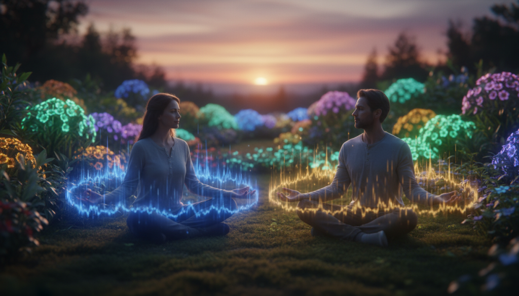 A serene outdoor scene depicting a beautiful Caucasian woman and man engaged in aura farming amidst vibrant, glowing energy fields. In the foreground, the couple is focused on harmonious meditative poses, surrounded by colorful, shimmering auras radiating soft light. In the middle ground, lush greenery and blooming flowers enhance the atmosphere of tranquility and growth. The background features a luminous sunset casting warm golden and violet hues across the sky, adding to the overall magical ambiance. The scene should be captured with a soft focus lens to emphasize the ethereal quality of the auras and the gentle interactions among the figures. The mood is calm and inviting, encouraging viewers to imagine embracing aura farming in their own daily lives.