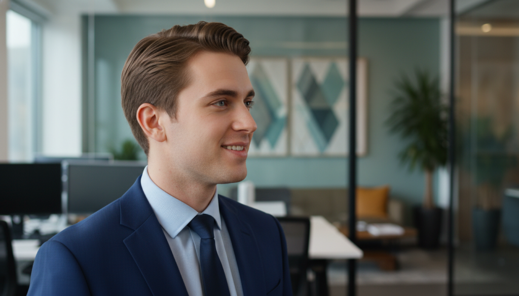 A striking profile picture of a young Caucasian professional standing confidently in front of a modern office backdrop. The foreground features the individual in crisp business attire, exuding professionalism and approachability. Centered in the image, the subject's face is warmly lit with soft, natural lighting that enhances their features and creates a welcoming atmosphere. In the middle ground, blurred office elements hint at a dynamic work environment, suggesting ambition and productivity. The background features a sleek office space, with hints of greenery and abstract art, contributing to a calm yet inspiring ambiance. The composition captures the essence of modern professionalism, evoking both credibility and personal brand elevation, essential for a compelling profile picture. The image should maintain a clean, polished appearance with no text or distractions.