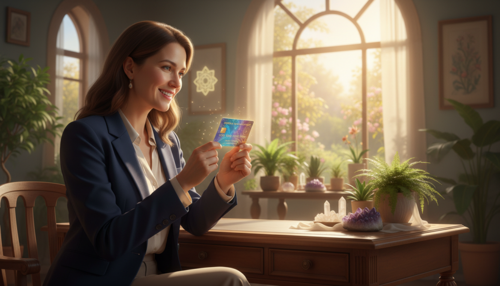 A vibrant and inviting scene illustrating the concept of a "Free Trial Credit" for a spiritual service. In the foreground, a beautiful Caucasian woman in professional business attire sits at a wooden desk, excitedly examining a colorful holographic credit card glowing softly in her hands. In the middle, a serene indoor space filled with plants and crystals, exuding a sense of tranquility and spirituality. The background features a softly lit window revealing a bright, sunny day outside, enhancing the uplifting atmosphere. The lighting is warm and ethereal, casting gentle shadows and highlighting the woman's expression of wonder and anticipation. The overall mood should evoke a sense of exploration and empowerment, inspiring viewers to embark on their spiritual journey.