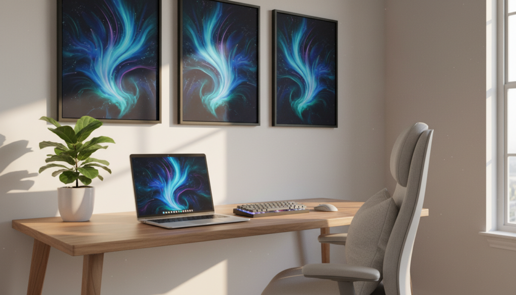 A vibrant and modern desktop setup in a bright, cozy home office. In the foreground, a sleek laptop on a wooden desk with colorful aura-themed wallpaper reflecting on the screen, showcasing swirling patterns of blues, purples, and greens. Near the laptop, an elegant plant adds a touch of nature. The middle ground features an ergonomic chair with a soft cushion, inviting and comfortable. In the background, a well-lit wall adorned with large art prints that echo the wallpaper's colors, enhancing the visual experience. Soft natural light streams through a nearby window, casting a warm glow and creating a radiant atmosphere. The overall mood is inspiring and creative, perfect for customization and personal expression. A vibrant and modern desktop setup in a bright, cozy home office. In the foreground, a sleek laptop on a wooden desk with colorful aura-themed wallpaper reflecting on the screen, showcasing swirling patterns of blues, purples, and greens. Near the laptop, an elegant plant adds a touch of nature. The middle ground features an ergonomic chair with a soft cushion, inviting and comfortable. In the background, a well-lit wall adorned with large art prints that echo the wallpaper's colors, enhancing the visual experience. Soft natural light streams through a nearby window, casting a warm glow and creating a radiant atmosphere. The overall mood is inspiring and creative, perfect for customization and personal expression.