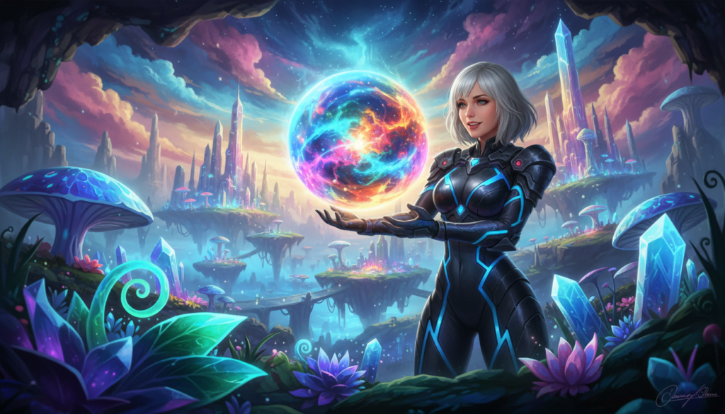 A vibrant scene depicting the concept of "aura farming," inspired by gaming and anime culture. In the foreground, a beautiful Caucasian figure dressed in a sleek, futuristic outfit holds a glowing orb filled with colorful ethereal energies, representing the auras of various characters. The middle ground reveals a fantastical landscape with lush, vivid flora and crystalline structures, reminiscent of enchanted game worlds. In the background, a majestic skyline of swirling clouds and dynamic colors creates an otherworldly atmosphere. The lighting is dramatic, with soft glows highlighting the figure's expression of determination and excitement. Use a wide-angle lens to capture the immersive depth, conveying a sense of wonder and adventure in this enchanting realm.