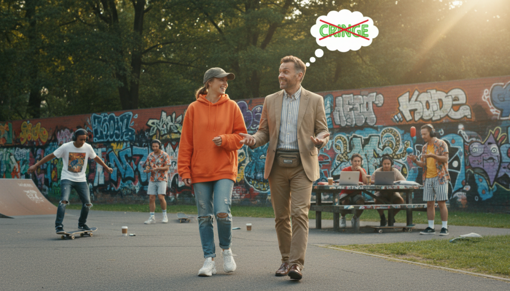 A vibrant urban park scene symbolizing "the fine line between cool and cringe." In the foreground, two beautifully dressed Caucasian figures engage in cheerful conversation, showcasing contrasting styles: one in stylish streetwear, exuding confidence, and the other in a more traditional business-casual outfit, appearing slightly awkward yet earnest. The middle ground features a group of diverse young adults enjoying various activities, like skateboarding and studying, highlighting the spectrum of "cool" and "cringe." The background is filled with lush greenery and colorful graffiti art on brick walls, conveying a lively atmosphere. Soft, warm lighting suggests late afternoon, with a slight lens flare for an inviting touch. The overall mood is playful yet reflective, capturing the essence of navigating social interactions.