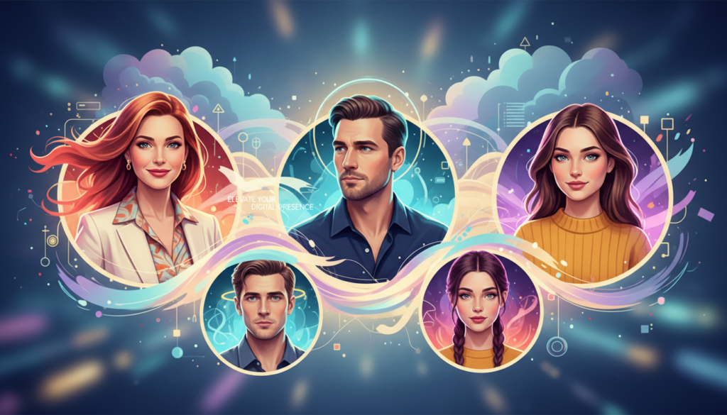 A visually striking composition showcasing a diverse array of professional-looking profile pictures, capturing the essence of personalized digital identity. In the foreground, a series of beautifully designed avatar illustrations featuring beautiful Caucasian figures in vibrant aura colors, each reflecting unique styles and expressions, wearing smart casual clothing. The middle layer includes artistic elements like glowing gradients and abstract motifs that symbolize individuality and creativity. The background features a soft, blurred digital landscape with subtle tones of blue and purple, enhancing the futuristic vibe. The lighting is bright yet soft, casting a warm glow on the profiles, evoking a sense of optimism and inspiration. The overall mood is empowering and inviting, encouraging viewers to elevate their own profile presence.