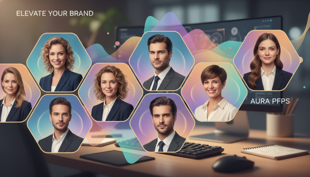 A visually striking image featuring a diverse array of stylish profile pictures displayed in a dynamic digital collage. In the foreground, each profile picture showcases a beautiful Caucasian individual with distinct hairstyles and expressive facial features, dressed in professional business attire, exuding confidence and creativity. The middle layer captures subtle geometric patterns that symbolize individuality, blended with soft gradients representing different auras. In the background, a faint, modern digital workspace atmosphere enhances the contemporary feel, with gentle lighting illuminating the profile pictures from the upper left, creating a warm and inviting ambiance. The overall mood is uplifting and inspiring, aimed at encouraging viewers to elevate their personal branding with unique and eye-catching Aura PFPs.