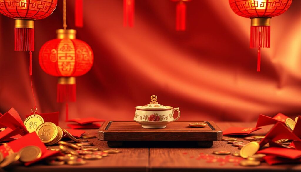 A beautiful, intricate flat lay design featuring the number 8, elegantly rendered in bright red and gold, traditional colors symbolizing luck in Chinese culture. The foreground is adorned with shiny Chinese coins and shimmering red envelopes, representative of prosperity. In the middle, a wooden table showcases a delicate ceramic tea set, surrounded by colorful Chinese lanterns. The background features a soft-focus traditional Chinese silk fabric with subtle patterns, creating depth. Soft, warm lighting enhances the luxurious feel while casting gentle shadows. The atmosphere is festive and inviting, embodying the essence of celebration and prosperity associated with the number 8 in Chinese culture. A beautiful, intricate flat lay design featuring the number 8, elegantly rendered in bright red and gold, traditional colors symbolizing luck in Chinese culture. The foreground is adorned with shiny Chinese coins and shimmering red envelopes, representative of prosperity. In the middle, a wooden table showcases a delicate ceramic tea set, surrounded by colorful Chinese lanterns. The background features a soft-focus traditional Chinese silk fabric with subtle patterns, creating depth. Soft, warm lighting enhances the luxurious feel while casting gentle shadows. The atmosphere is festive and inviting, embodying the essence of celebration and prosperity associated with the number 8 in Chinese culture.