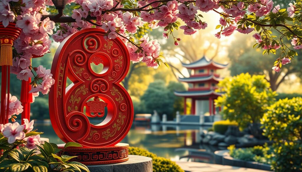 A beautiful, serene scene depicting the number 8 as a symbol of luck in Chinese tradition, positioned prominently in the foreground amidst vibrant red and gold accents that reflect prosperity. The number should have intricate traditional Chinese motifs, surrounded by delicate cherry blossoms representing renewal and harmony. In the middle ground, a peaceful Chinese garden with a small pond and a traditional pagoda can be seen, framed by lush green foliage. In the background, soft rays of golden sunlight filter through the trees, creating a warm and inviting atmosphere. The angle should be slightly elevated to capture the lushness of the surroundings, emphasizing the harmony of nature and cultural significance. The overall mood is tranquil, conveying a sense of fortune and auspiciousness. A beautiful, serene scene depicting the number 8 as a symbol of luck in Chinese tradition, positioned prominently in the foreground amidst vibrant red and gold accents that reflect prosperity. The number should have intricate traditional Chinese motifs, surrounded by delicate cherry blossoms representing renewal and harmony. In the middle ground, a peaceful Chinese garden with a small pond and a traditional pagoda can be seen, framed by lush green foliage. In the background, soft rays of golden sunlight filter through the trees, creating a warm and inviting atmosphere. The angle should be slightly elevated to capture the lushness of the surroundings, emphasizing the harmony of nature and cultural significance. The overall mood is tranquil, conveying a sense of fortune and auspiciousness.