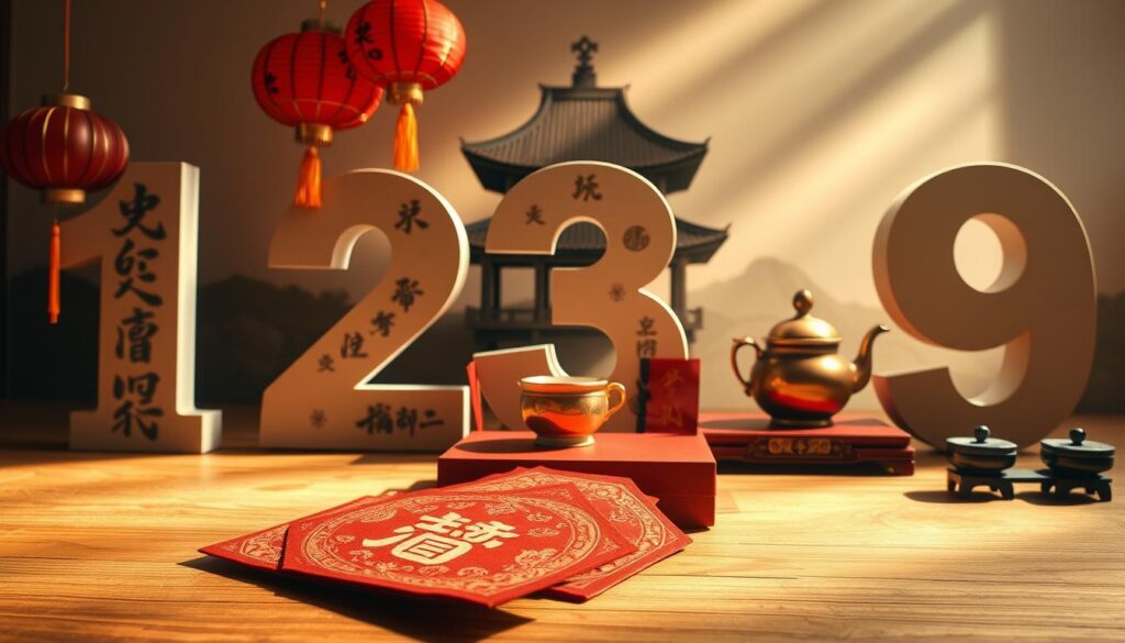 A beautifully arranged display of significant Chinese numbers, featuring large, ornate, hand-painted numbers like 1, 2, 3, 8, and 9 intricately integrated into traditional Chinese elements, such as lanterns and calligraphy scrolls. In the foreground, a set of red and gold fortune envelopes, symbolizing good luck, is elegantly placed, while the middle ground showcases a serene tea ceremony setup, embodying cultural richness and harmony. The background features a subtle architectural silhouette of a traditional pagoda, highlighting the connection between numbers and cultural beliefs. Ambient warm lighting casts soft shadows, creating a peaceful, reflective atmosphere. The image should evoke a sense of reverence for numbers in Chinese culture, focusing on their symbolism and significance, with a harmonious blend of color and texture that draws the viewer in. A beautifully arranged display of significant Chinese numbers, featuring large, ornate, hand-painted numbers like 1, 2, 3, 8, and 9 intricately integrated into traditional Chinese elements, such as lanterns and calligraphy scrolls. In the foreground, a set of red and gold fortune envelopes, symbolizing good luck, is elegantly placed, while the middle ground showcases a serene tea ceremony setup, embodying cultural richness and harmony. The background features a subtle architectural silhouette of a traditional pagoda, highlighting the connection between numbers and cultural beliefs. Ambient warm lighting casts soft shadows, creating a peaceful, reflective atmosphere. The image should evoke a sense of reverence for numbers in Chinese culture, focusing on their symbolism and significance, with a harmonious blend of color and texture that draws the viewer in.