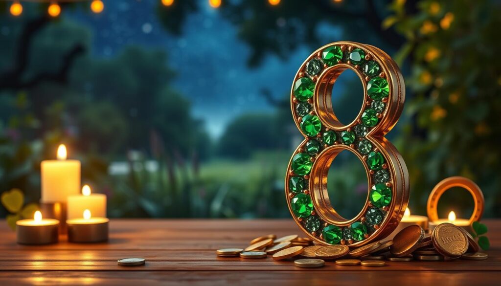 A captivating and visually rich composition featuring the number 8, symbolizing luck. In the foreground, the number 8 is rendered in an elegant gold font adorned with shimmering emerald green gemstones, reflecting light. Surrounding it are shimmering coins and symbols of luck, like four-leaf clovers and horseshoes. The middle layer introduces a cozy, mystical atmosphere with softly lit candles on a wooden table, creating a warm glow that highlights the number. In the background, a blurred, enchanting landscape of a garden filled with lush plants and a night sky peppered with stars sets a tranquil mood. The overall lighting is soft and inviting, creating a serene, magical ambiance that invites viewers to contemplate the significance of the number 8 as a symbol of fortune and destiny. A captivating and visually rich composition featuring the number 8, symbolizing luck. In the foreground, the number 8 is rendered in an elegant gold font adorned with shimmering emerald green gemstones, reflecting light. Surrounding it are shimmering coins and symbols of luck, like four-leaf clovers and horseshoes. The middle layer introduces a cozy, mystical atmosphere with softly lit candles on a wooden table, creating a warm glow that highlights the number. In the background, a blurred, enchanting landscape of a garden filled with lush plants and a night sky peppered with stars sets a tranquil mood. The overall lighting is soft and inviting, creating a serene, magical ambiance that invites viewers to contemplate the significance of the number 8 as a symbol of fortune and destiny.