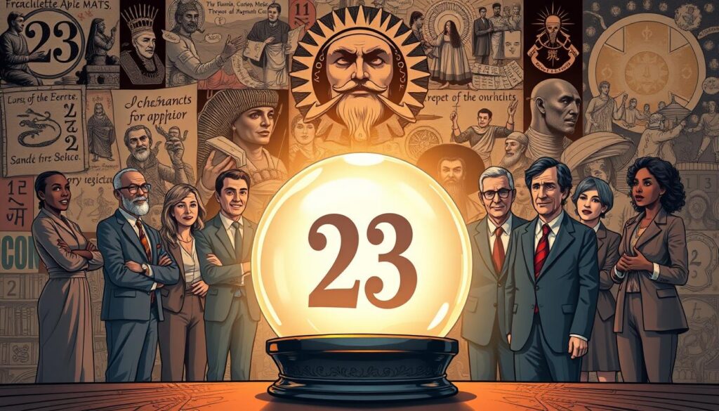 A captivating illustration reflecting the cultural significance of the number 23, incorporating historical and mythical elements. In the foreground, a mystical crystal ball featuring the number 23 glows softly, surrounded by ancient symbols and scripts that represent various cultures and belief systems. In the middle ground, a diverse group of people in professional attire enthusiastically discuss the enigma of 23, with facial expressions showing curiosity and wonder. The background features a collage of iconic historical events and mythological imagery associated with the number, blended seamlessly to create a tapestry of cultural narratives. Soft, warm lighting creates an inviting atmosphere, highlighting the connections between past and present, while a wide-angle perspective captures the depth of exploration in the quest for understanding the number 23. A captivating illustration reflecting the cultural significance of the number 23, incorporating historical and mythical elements. In the foreground, a mystical crystal ball featuring the number 23 glows softly, surrounded by ancient symbols and scripts that represent various cultures and belief systems. In the middle ground, a diverse group of people in professional attire enthusiastically discuss the enigma of 23, with facial expressions showing curiosity and wonder. The background features a collage of iconic historical events and mythological imagery associated with the number, blended seamlessly to create a tapestry of cultural narratives. Soft, warm lighting creates an inviting atmosphere, highlighting the connections between past and present, while a wide-angle perspective captures the depth of exploration in the quest for understanding the number 23.