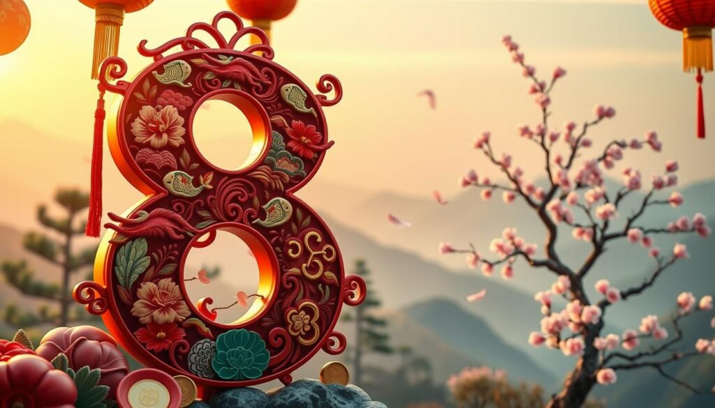 A close-up view of a vibrant, intricately designed number 8 surrounded by traditional Chinese symbols of luck, such as red lanterns and golden coins. In the foreground, the number 8 is artistically adorned with auspicious motifs like fish and peonies, reflecting prosperity and good fortune. The middle ground features a serene Chinese landscape with gentle hills, pine trees, and a delicate cherry blossom tree shedding petals, symbolizing renewal and luck. The background showcases a soft, hazy sky painted in warm sunset hues, casting a golden glow over the scene. The atmosphere should feel both tranquil and celebratory, embodying the significance of the number 8 in Chinese culture. Use high-quality lighting to enhance the details, with a slight depth of field to keep the focus on the number 8. A close-up view of a vibrant, intricately designed number 8 surrounded by traditional Chinese symbols of luck, such as red lanterns and golden coins. In the foreground, the number 8 is artistically adorned with auspicious motifs like fish and peonies, reflecting prosperity and good fortune. The middle ground features a serene Chinese landscape with gentle hills, pine trees, and a delicate cherry blossom tree shedding petals, symbolizing renewal and luck. The background showcases a soft, hazy sky painted in warm sunset hues, casting a golden glow over the scene. The atmosphere should feel both tranquil and celebratory, embodying the significance of the number 8 in Chinese culture. Use high-quality lighting to enhance the details, with a slight depth of field to keep the focus on the number 8.