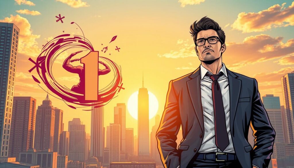 A confident and ambitious individual with a strong presence stands in the foreground, embodying the essence of personality traits associated with the number 1 in numerology. Clad in professional business attire, this person exudes leadership and independence. In the middle ground, abstract representations of strength, creativity, and innovation swirl around, symbolizing the traits of those influenced by the number 1âsuch as determination, originality, and a pioneering spirit. The background features a dynamic cityscape, showcasing towering buildings under a vibrant sunrise, illustrating new beginnings and opportunities. Soft, warm lighting bathes the scene, casting inspirational shadows that enhance the mood of ambition and possibility. The perspective is slightly tilted upwards, suggesting a forward-looking vision, encouraging viewers to think about their aspirations and potential. A confident and ambitious individual with a strong presence stands in the foreground, embodying the essence of personality traits associated with the number 1 in numerology. Clad in professional business attire, this person exudes leadership and independence. In the middle ground, abstract representations of strength, creativity, and innovation swirl around, symbolizing the traits of those influenced by the number 1âsuch as determination, originality, and a pioneering spirit. The background features a dynamic cityscape, showcasing towering buildings under a vibrant sunrise, illustrating new beginnings and opportunities. Soft, warm lighting bathes the scene, casting inspirational shadows that enhance the mood of ambition and possibility. The perspective is slightly tilted upwards, suggesting a forward-looking vision, encouraging viewers to think about their aspirations and potential.