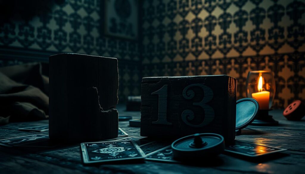 A dramatic scene depicting the number 13 as both a symbol of luck and misfortune. In the foreground, a large wooden block with the number "13" carved into it, partially cracked and aged, representing the concept of being unlucky. Surrounding the block are scattered tarot cards with dark, ominous imagery and a small broken mirror reflecting light ominously. In the middle ground, a dimly lit room filled with shadows, with a single flickering candle casting eerie light and creating long shadows. The background includes faded wallpaper with a subtle pattern of historical superstitions, enhancing the mysterious atmosphere. The overall mood is somber and introspective, evoking a sense of curiosity and intrigue about the number 13's reputation for being unlucky. Use soft, moody lighting to accentuate the haunting elements, with a focus on depth of field for added drama. A dramatic scene depicting the number 13 as both a symbol of luck and misfortune. In the foreground, a large wooden block with the number "13" carved into it, partially cracked and aged, representing the concept of being unlucky. Surrounding the block are scattered tarot cards with dark, ominous imagery and a small broken mirror reflecting light ominously. In the middle ground, a dimly lit room filled with shadows, with a single flickering candle casting eerie light and creating long shadows. The background includes faded wallpaper with a subtle pattern of historical superstitions, enhancing the mysterious atmosphere. The overall mood is somber and introspective, evoking a sense of curiosity and intrigue about the number 13's reputation for being unlucky. Use soft, moody lighting to accentuate the haunting elements, with a focus on depth of field for added drama.