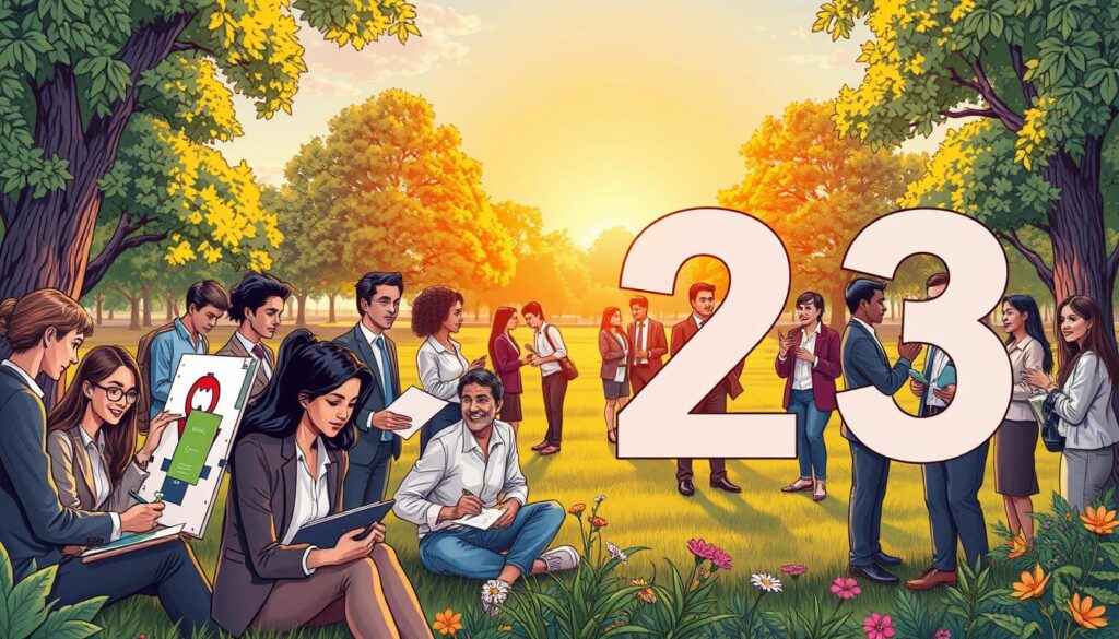 A harmonious scene representing the theme "23's Role in Your Life: Creativity, Relationships, and Personal Growth." In the foreground, a diverse group of individuals engaged in vibrant creative activities such as painting, writing, and designing, all dressed in professional business attire. In the middle ground, a serene park setting with trees and flowers, symbolizing growth and connection, with people sharing animated conversations and laughter. In the background, a bright sunrise illuminating the horizon, casting warm golden light, enhancing the atmosphere of hope and inspiration. The composition captures a sense of unity, ambition, and flourishing potential, with soft-focus on the background to emphasize the foreground activities. The overall mood is uplifting, encouraging viewers to reflect on the positive influences of the number 23 in their lives. A harmonious scene representing the theme "23's Role in Your Life: Creativity, Relationships, and Personal Growth." In the foreground, a diverse group of individuals engaged in vibrant creative activities such as painting, writing, and designing, all dressed in professional business attire. In the middle ground, a serene park setting with trees and flowers, symbolizing growth and connection, with people sharing animated conversations and laughter. In the background, a bright sunrise illuminating the horizon, casting warm golden light, enhancing the atmosphere of hope and inspiration. The composition captures a sense of unity, ambition, and flourishing potential, with soft-focus on the background to emphasize the foreground activities. The overall mood is uplifting, encouraging viewers to reflect on the positive influences of the number 23 in their lives.