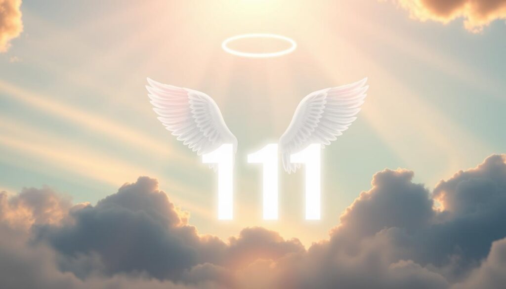 A mystical and serene representation of the angel number 111 embodying its significance. In the foreground, depict the number "111" glowing softly, surrounded by a halo of ethereal light. In the middle ground, include subtle angelic wings unfurling gracefully, symbolizing guidance and protection. The background should feature a tranquil sky at dawn, with soft pastel colors transitioning from deep blue to warm golden hues, creating an uplifting atmosphere. Gentle beams of light should filter through the clouds, enhancing the feeling of hope and positivity. The scene is infused with a heavenly ambiance, inspiring feelings of luck and new beginnings, captured with a soft focus lens to enhance the dreamlike quality.