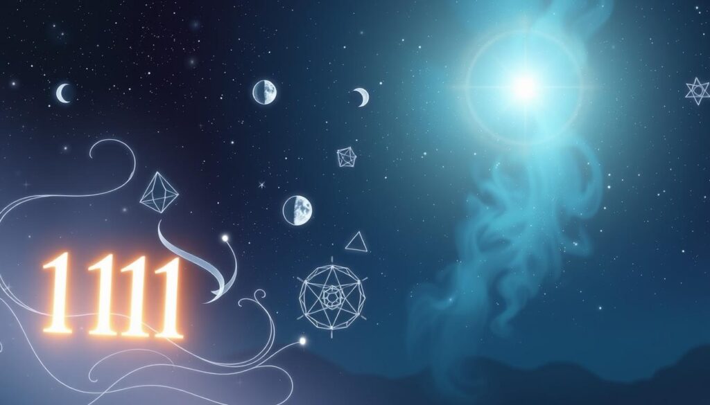 A mystical and serene scene portraying the significance of the number 1111 in numerology. In the foreground, a softly glowing number "1111" radiates gentle light, surrounded by delicate, swirling cosmic energies. In the middle ground, ethereal symbols related to numerology, such as stars, moon phases, and sacred geometry patterns, float gracefully, evoking a sense of enlightenment and curiosity. The background features a tranquil night sky filled with twinkling stars, creating a sense of wonder and introspection. The mood is calm and reflective, with cool hues of blue and purple dominating the color palette. The lighting is soft and ethereal, giving the impression of a spiritual insight. The composition encourages viewers to contemplate the deeper meaning behind 1111, inviting a sense of exploration and understanding. A mystical and serene scene portraying the significance of the number 1111 in numerology. In the foreground, a softly glowing number "1111" radiates gentle light, surrounded by delicate, swirling cosmic energies. In the middle ground, ethereal symbols related to numerology, such as stars, moon phases, and sacred geometry patterns, float gracefully, evoking a sense of enlightenment and curiosity. The background features a tranquil night sky filled with twinkling stars, creating a sense of wonder and introspection. The mood is calm and reflective, with cool hues of blue and purple dominating the color palette. The lighting is soft and ethereal, giving the impression of a spiritual insight. The composition encourages viewers to contemplate the deeper meaning behind 1111, inviting a sense of exploration and understanding.