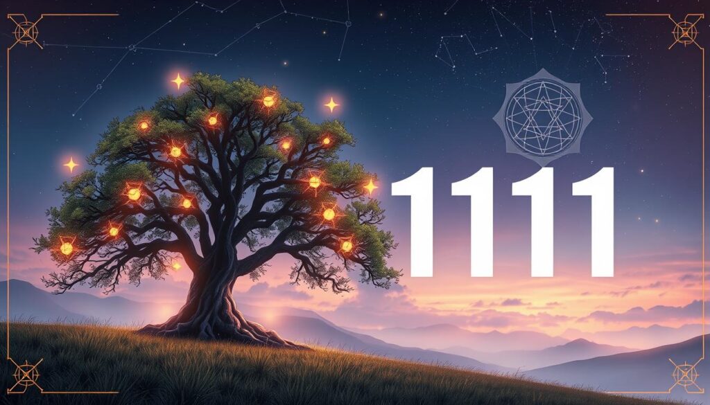 A mystical representation of the number 1111 as a focal point, prominently displayed in the foreground, surrounded by ethereal symbols representing numerology, such as stars and geometric shapes. In the middle ground, a serene landscape with an ancient tree, symbolizing wisdom and growth, with soft, glowing light filtering through its leaves. The background features a dreamy, twilight sky filled with subtle constellations that evoke a sense of mystery and enchantment. Utilize warm, inviting lighting to create an intimate atmosphere, emphasizing the spiritual significance of the number. The image should be captured from a slightly elevated angle, showcasing the depth of the scene while maintaining a harmonious composition throughout. A mystical representation of the number 1111 as a focal point, prominently displayed in the foreground, surrounded by ethereal symbols representing numerology, such as stars and geometric shapes. In the middle ground, a serene landscape with an ancient tree, symbolizing wisdom and growth, with soft, glowing light filtering through its leaves. The background features a dreamy, twilight sky filled with subtle constellations that evoke a sense of mystery and enchantment. Utilize warm, inviting lighting to create an intimate atmosphere, emphasizing the spiritual significance of the number. The image should be captured from a slightly elevated angle, showcasing the depth of the scene while maintaining a harmonious composition throughout.