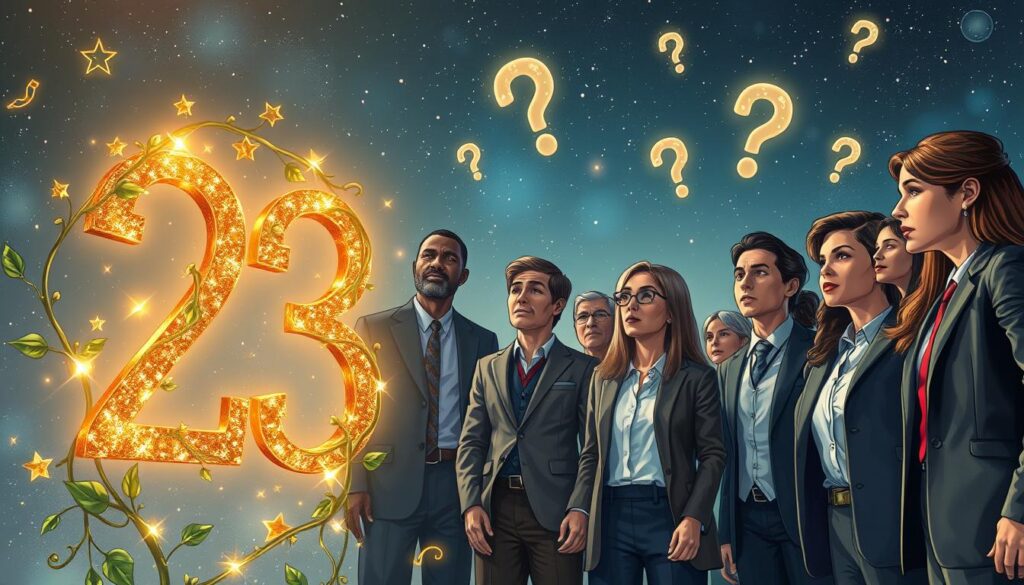 A mystical scene that captures the essence of luck surrounding the number 23. In the foreground, a golden shimmering number "23" is delicately intertwined with green vines and small sparkling stars. In the middle ground, a diverse group of people dressed in professional business attire examines the number with curiosity, showcasing a range of expressions: awe, contemplation, and excitement. The background features a dreamy night sky dotted with constellations, emphasizing a magical atmosphere. Soft, ethereal lighting bathes the scene, creating a warm glow around the number 23, while a few floating, translucent question marks surround it, symbolizing the wonder and intrigue that the number holds. The composition invites viewers to ponder the significance of 23 amidst a tranquil, yet enchanting setting. A mystical scene that captures the essence of luck surrounding the number 23. In the foreground, a golden shimmering number "23" is delicately intertwined with green vines and small sparkling stars. In the middle ground, a diverse group of people dressed in professional business attire examines the number with curiosity, showcasing a range of expressions: awe, contemplation, and excitement. The background features a dreamy night sky dotted with constellations, emphasizing a magical atmosphere. Soft, ethereal lighting bathes the scene, creating a warm glow around the number 23, while a few floating, translucent question marks surround it, symbolizing the wonder and intrigue that the number holds. The composition invites viewers to ponder the significance of 23 amidst a tranquil, yet enchanting setting.